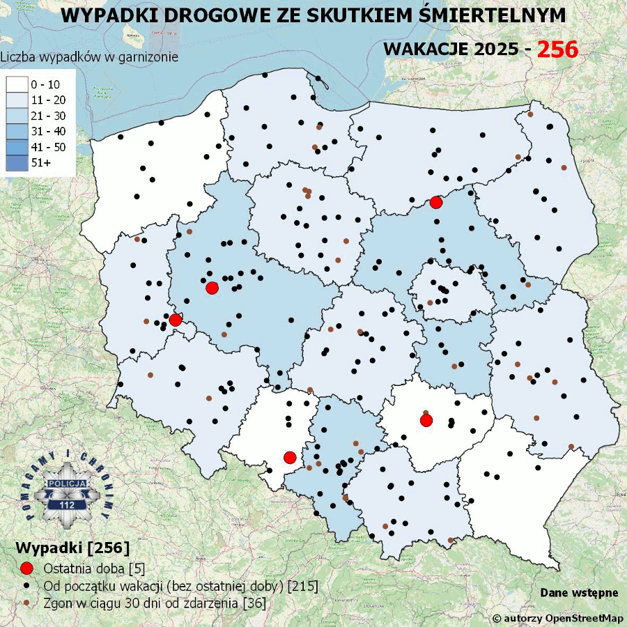 Mapa prezentująca liczbę wypadków poprzedniej doby w Polsce. Prezentowane dane są dostępne w tekście poniżej.