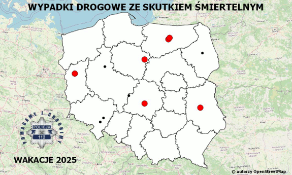 Policyjna mapa wypadków drogowych ze skutkiem śmiertelnym – Wakacje 2025