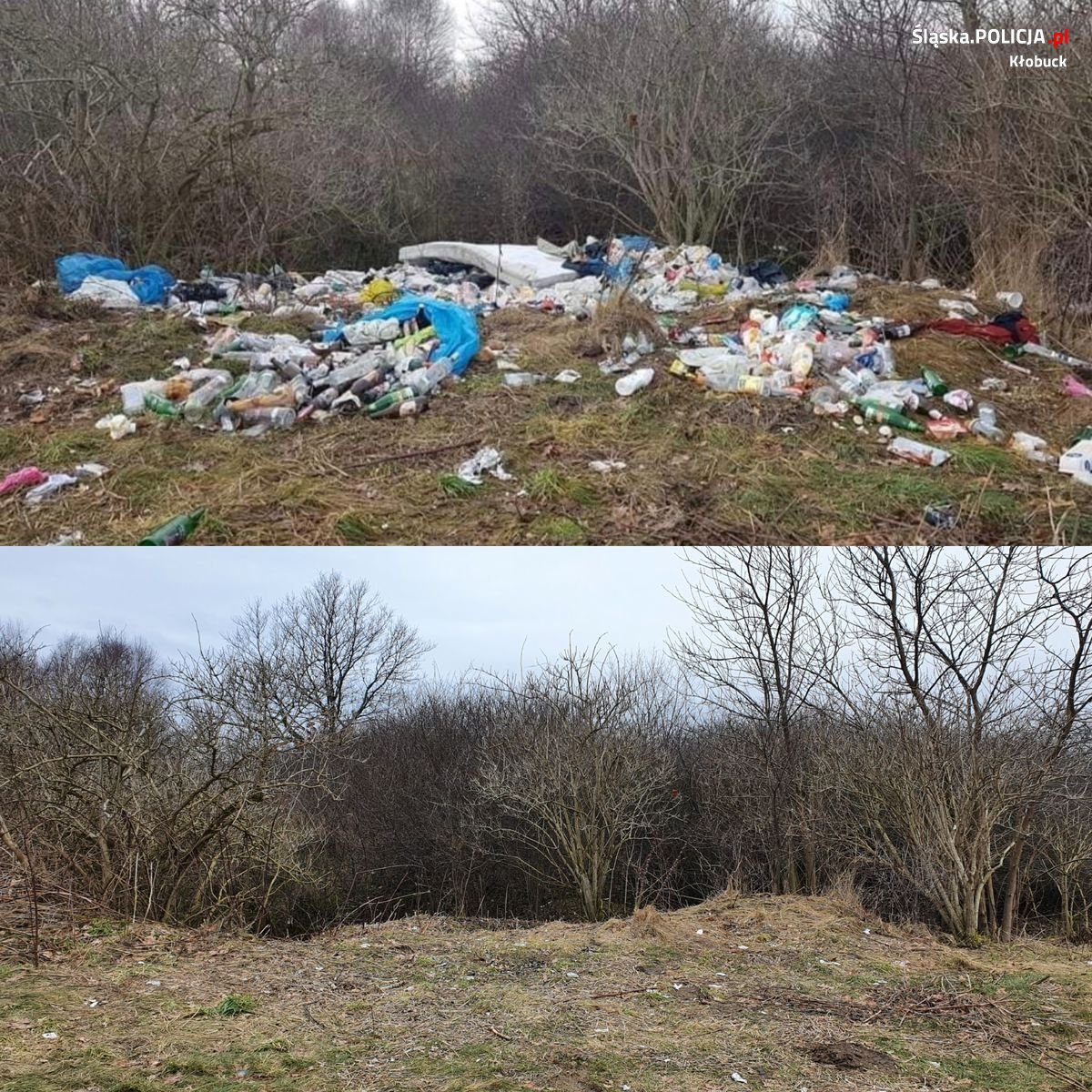 dwa zdjęcia połączone ze sobą, na górze widać śmieci porzucone na polu, na dole pole bez śmieci