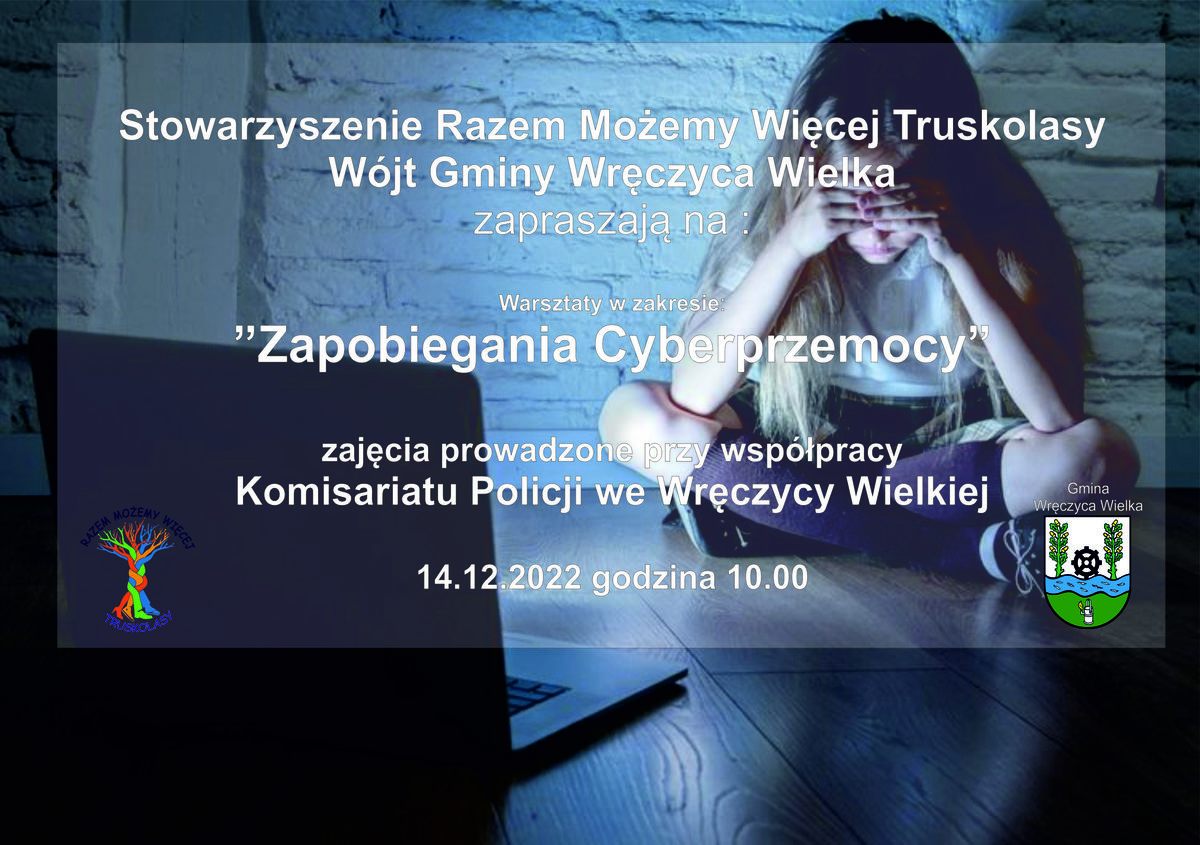 Plakat informujący o warsztatach na temat cyberprzemocy.