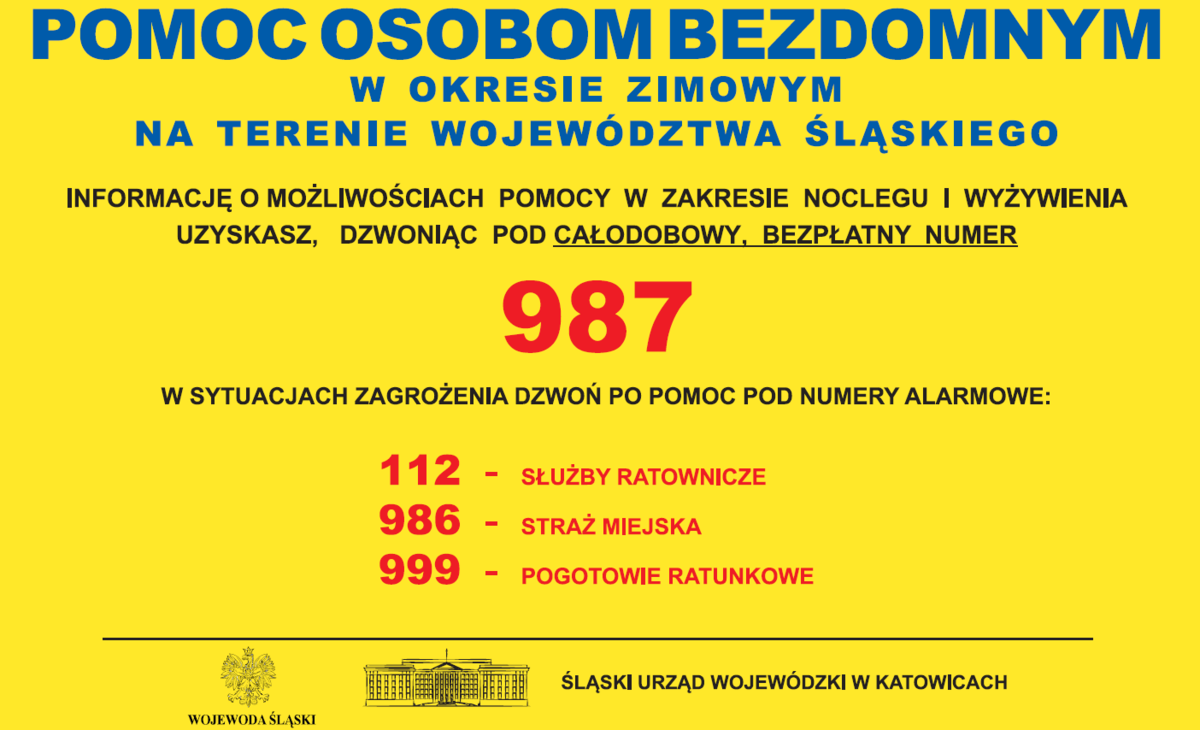 Plakat z numerami telefonów, pod którymi mogą się kontaktować osoby bezdomne.