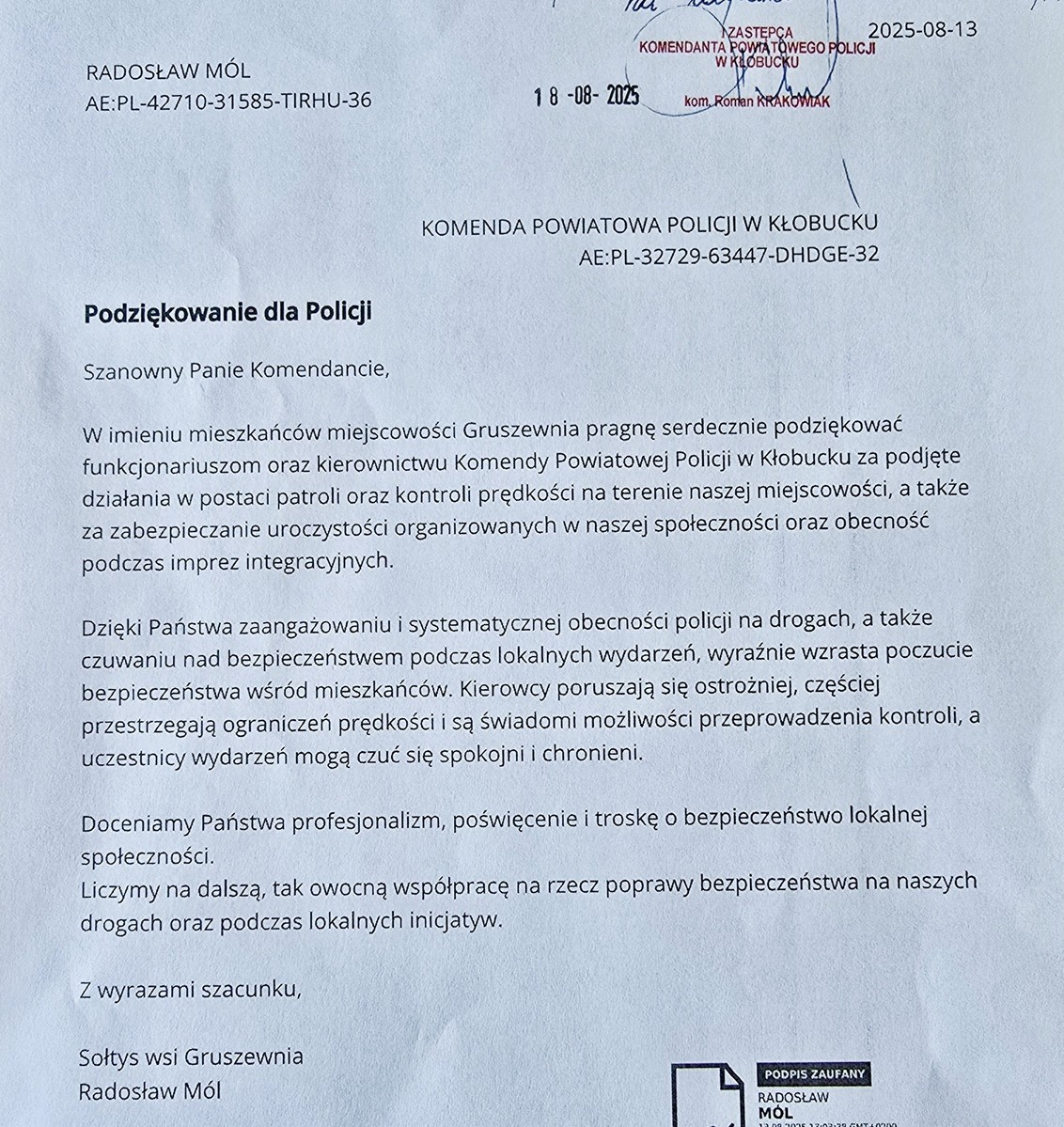 Treść podziękowań
