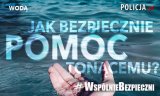 otwarta dłoń i napis: jak bezpiecznie pomóc tonącemu? akcja wspólnie bzpieczni