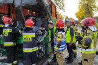 funkcjonariusze służb ratowniczych oglądają jeden z autobusów