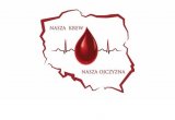 kontur mapy Polski z kroplą krwi w środku i napisem nasza krew nasza ojczyzna