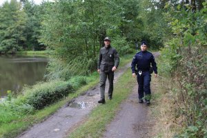 policjant i strażnik leśny idą przez las przy jeziorze