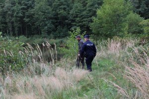policjant i strażnik leśny idą przez las
