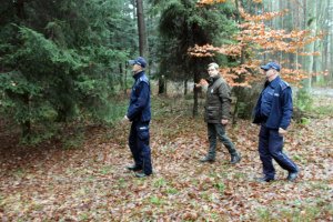 Umundurowani policjanci i strażnik leśny stoją przy drzewie rosnącym w lesie