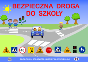 namalowana droga, pasy i dzieci. napis bezpieczna droga do szkoły