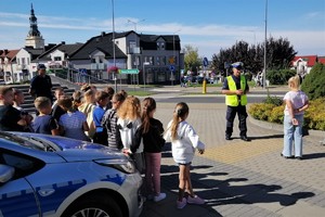 policjanci prowadzą praktyczne działania dotyczące bezpiecznego przechodzenia przez drogę