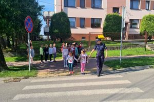 dzieci przechodzące przez jezdnię na pasach obok policjantka