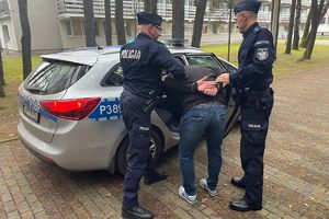 Zdjęcie przedstawia dwóch policjantów, którzy prowadzą zatrzymanego do radiowozu.