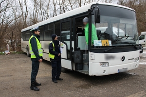 policjant i funkcjonariusz inspekcji transportu drogowego rozmawiają z kierowcą autobusu