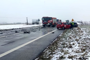 Zdjęcie przedstawia pojazdy biorące udział w zdarzeniu oraz policjantkę.