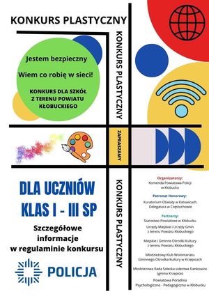 Plakat promujący konkurs plastyczny &quot;jestem bezpieczny. Wiem, co robię w sieci&quot;.