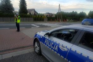 Zdjęcie przedstawia policjanta, który mierzy prędkość pojazdom w rejonie przejścia dla pieszych oraz radiowóz.