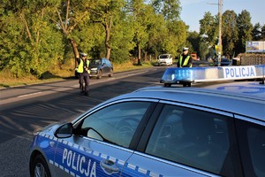 policjant zatrzymuje pojazd do kontroli, daje znak ręką stojąc na ulicy