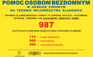 Zdjęcie przedstawia plakat z numerami telefonów, pod którymi mogą szukać pomocy osoby bezdomne.