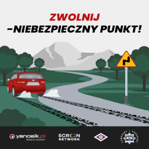 Plakat zwolnij niebezpieczny punkt.