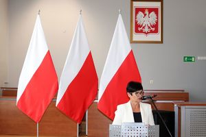 Zdjęcie przedstawia Posła na Sejm Rzeczypospolitej Polskiej Lidię Burzyńską przy mównicy.