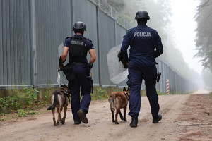 Dwóch policjantów prowadzi dwa psy.