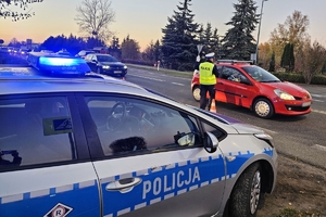 Zdjęcie przedstawia radiowóz i policjanta kierującego ruchem.