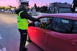 Zdjęcie przedstawia policjantkę kontrolującą stan trzeźwości kierowcy.