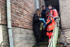 Zdjęcie przedstawia policjanta, ratowników medycznych oraz kobietę znoszących poszkodowanego mężczyznę po schodach.