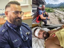 Zdjęcie jest kolażem trzech zdjęć, na których jest mężczyzna policjant.