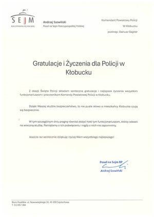 Zdjęcie przedstawia list z życzeniami od Posła Andrzeja Szewińskiego.