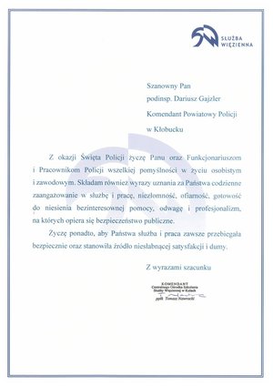 Zdjęcie przedstawia list z życzeniami od Komendanta Centralnego Ośrodka Szkolenia Służby Więziennej w Kulach.