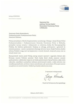 Zdjęcie przedstawia list z życzeniami od Europosła Jadwigi Wiśniewskiej.