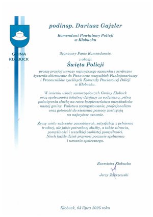 Zdjęcie przedstawia list z życzeniami od Burmistrza Kłobucka.