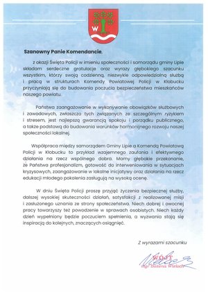 Zdjęcie przedstawia list z życzeniami od Wójta Gminy Lipie.
