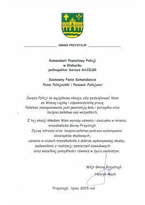 Zdjęcie przedstawia list z życzeniami od Wójta Gminy Przystajń.