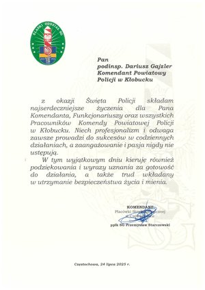 Zdjęcie przedstawia list z życzeniami od Komendanta Placówki Straży Granicznej w Częstochowie.