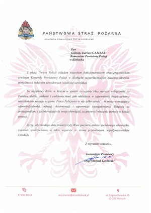 Zdjęcie przedstawia list z życzeniami od Komendanta Powiatowego Państwowej Straży Pożarnej w Kłobucku.