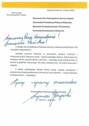 Zdjęcie przedstawia list z życzeniami od Posła Szymona Giżyńskiego.