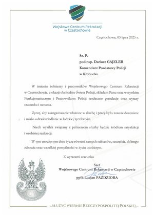 Zdjęcie przedstawia list z życzeniami od Szefa Wojskowego Centrum Rekrutacji w Częstochowie.