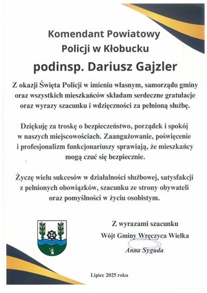 Zdjęcie przedstawia list z życzeniami od Wójta Gminy Wręczyca Wielka.