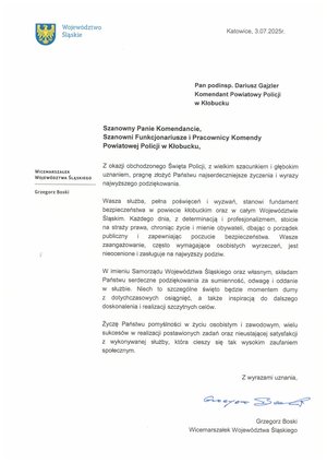 Zdjęcie przedstawia list z życzeniami od Wicemarszałka Wojewówdztwa Śląskiego Grzegorza Boskiego.
