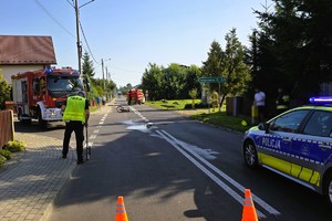 policjant prowadzi oględziny na miejscu wypadku, na zdjęciu widać radiowóz oraz wóz strażacki