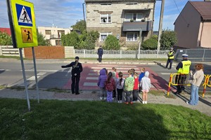 policjanci i policjantki pokazują dzieciom jak w praktyce poprawnie przechodzić przez przejście dla pieszych
