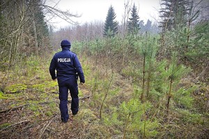 umundurowany dzielnicowy idzie przez las