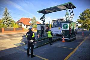 policjanci i funkcjonariusze inspekcji transportu drogowego kontrolują autobus